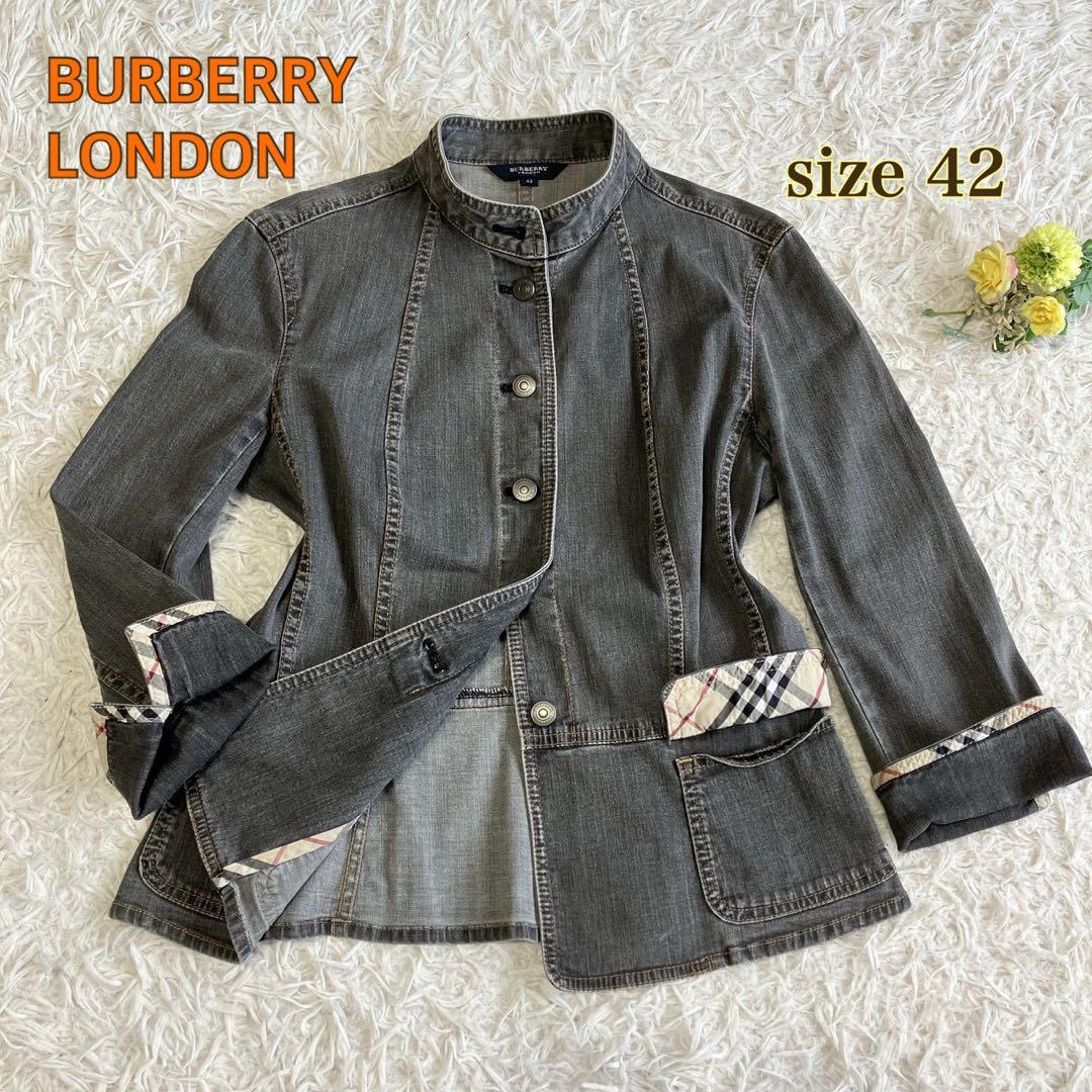 バーバリーロンドン ノーカラー デニムジャケット ノバチェック ロゴ刻印ボタン