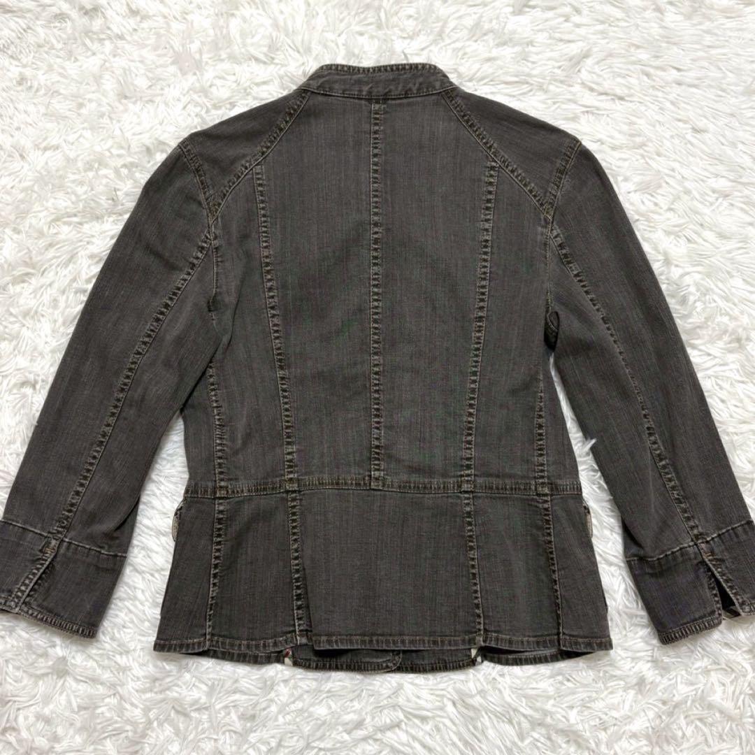 バーバリーロンドン ノーカラー デニムジャケット ノバチェック ロゴ刻印ボタン