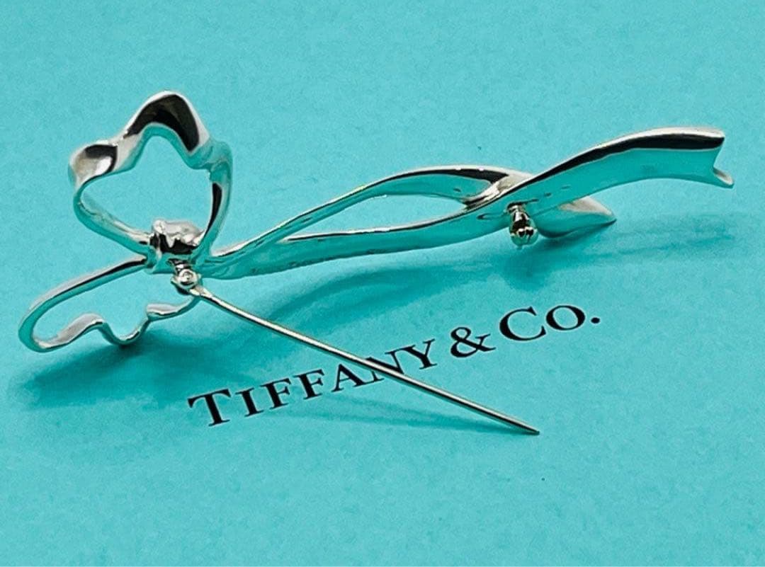 h405 美品　オールドティファニー　リボンボウ　ラージサイズ　ブローチ　925