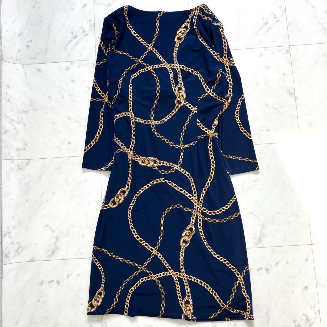 美品 ローレンラルフローレン ワンピース カシュクール ジャージー 鎖柄 青系