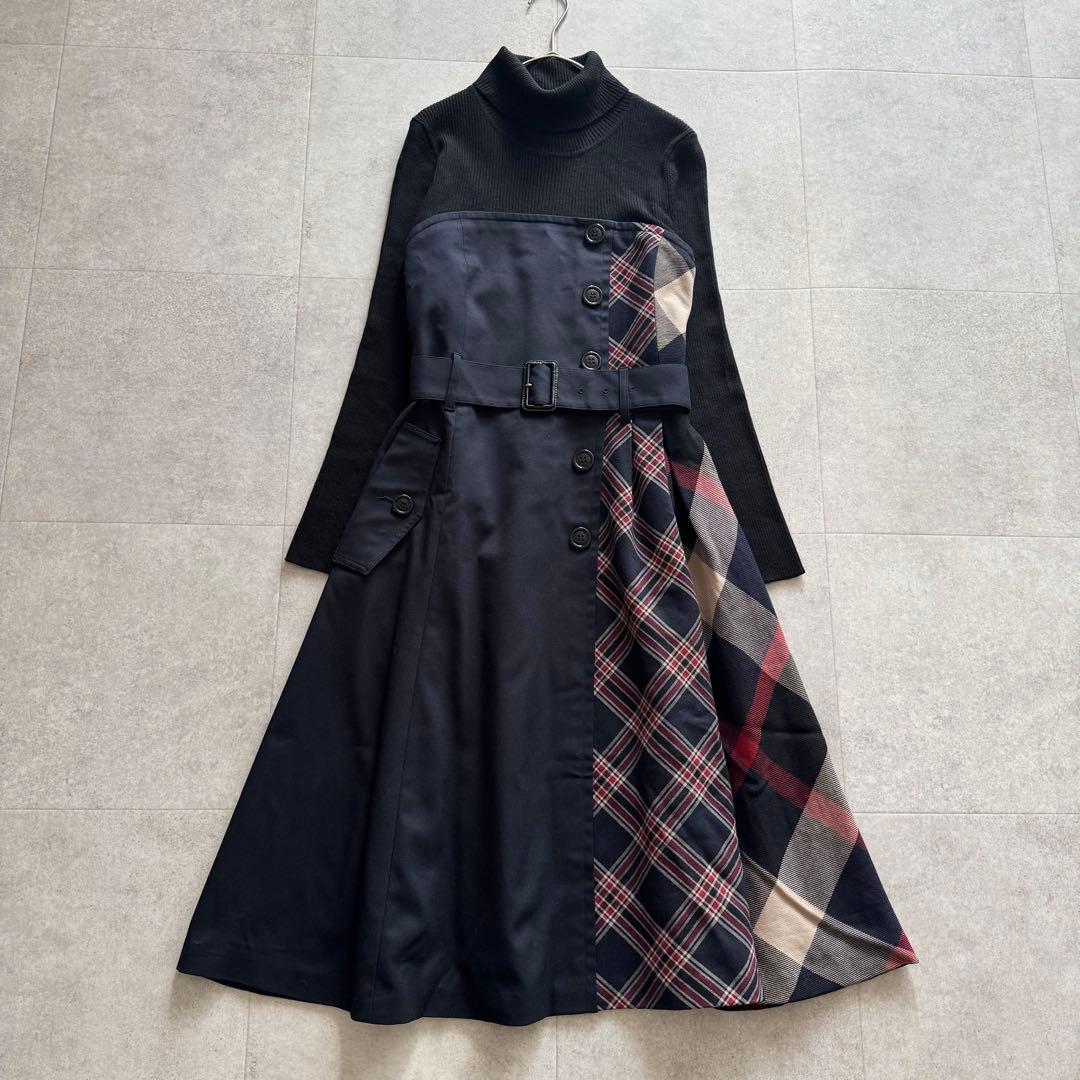 ブルーレーベルクリストブリッジ　ロングワンピース　ニット切替　黒　38　チェック