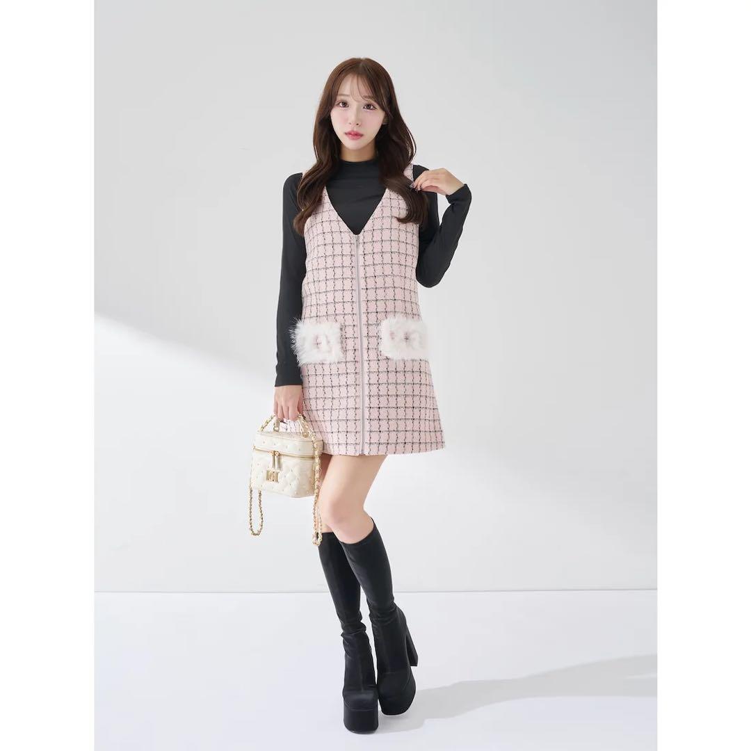 新品タグ付 ダーリッチ フロントファスナーツイードミニワンピース ベージュ