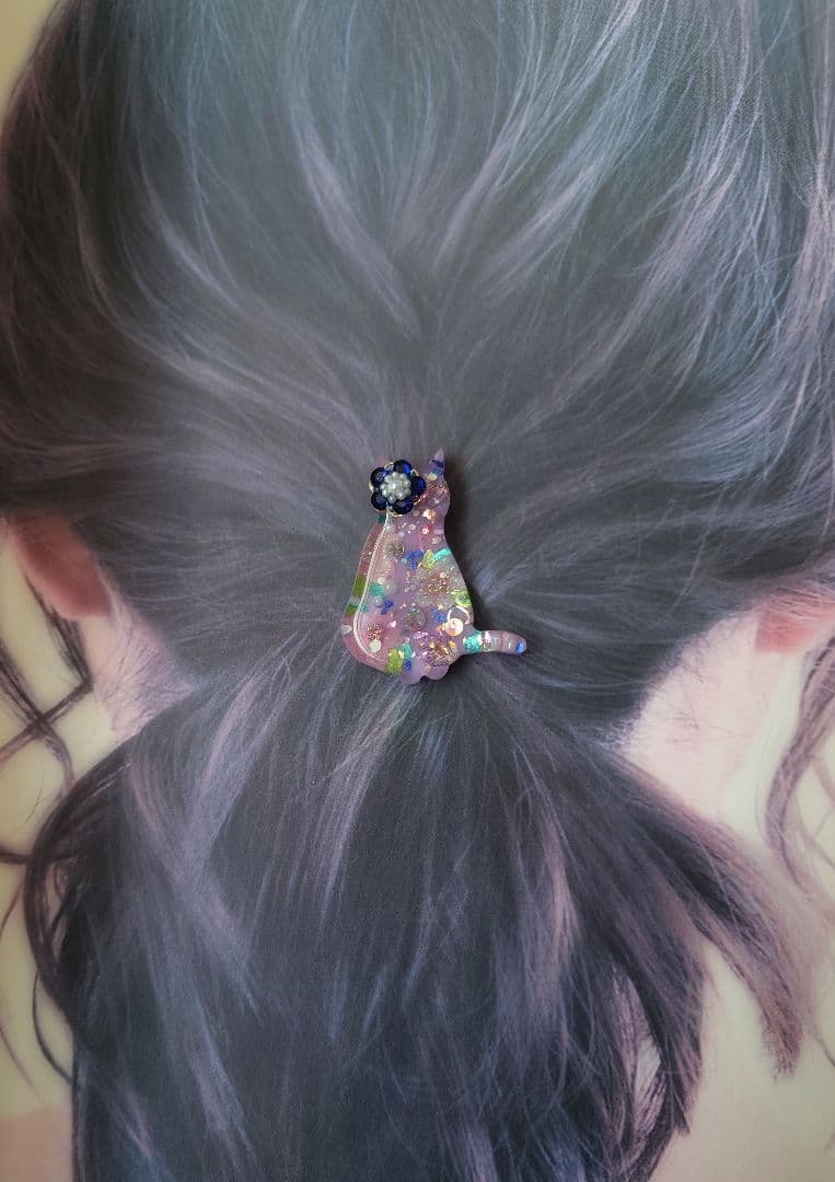 レジン　猫　ヘアゴム　ブローチ　ポニーフック　No.833