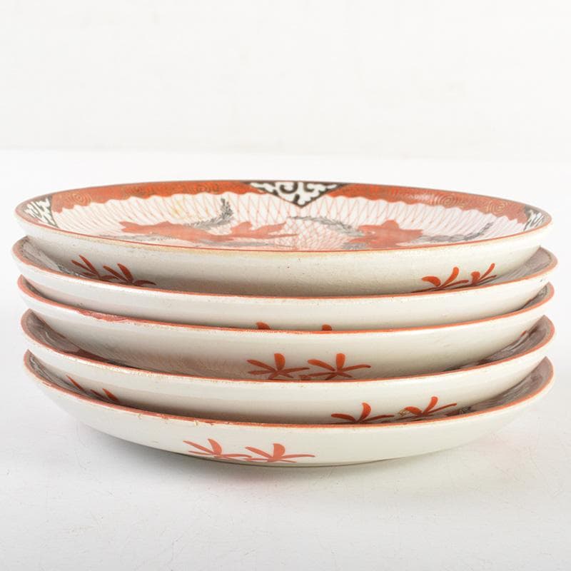 りんぞう　赤絵八郎手　金魚文　手塩皿　小皿　五客　時代箱　D　R7514