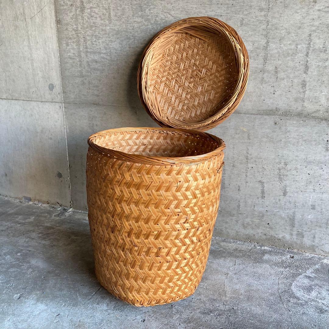 大きな竹籠 カゴ バスケット 大型 収納 保存 蓋付き 編み込み 工芸品 レトロ