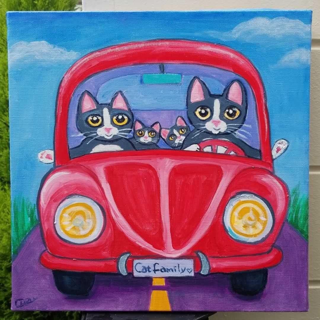 油絵　専用　ドライブに出発する猫の家族