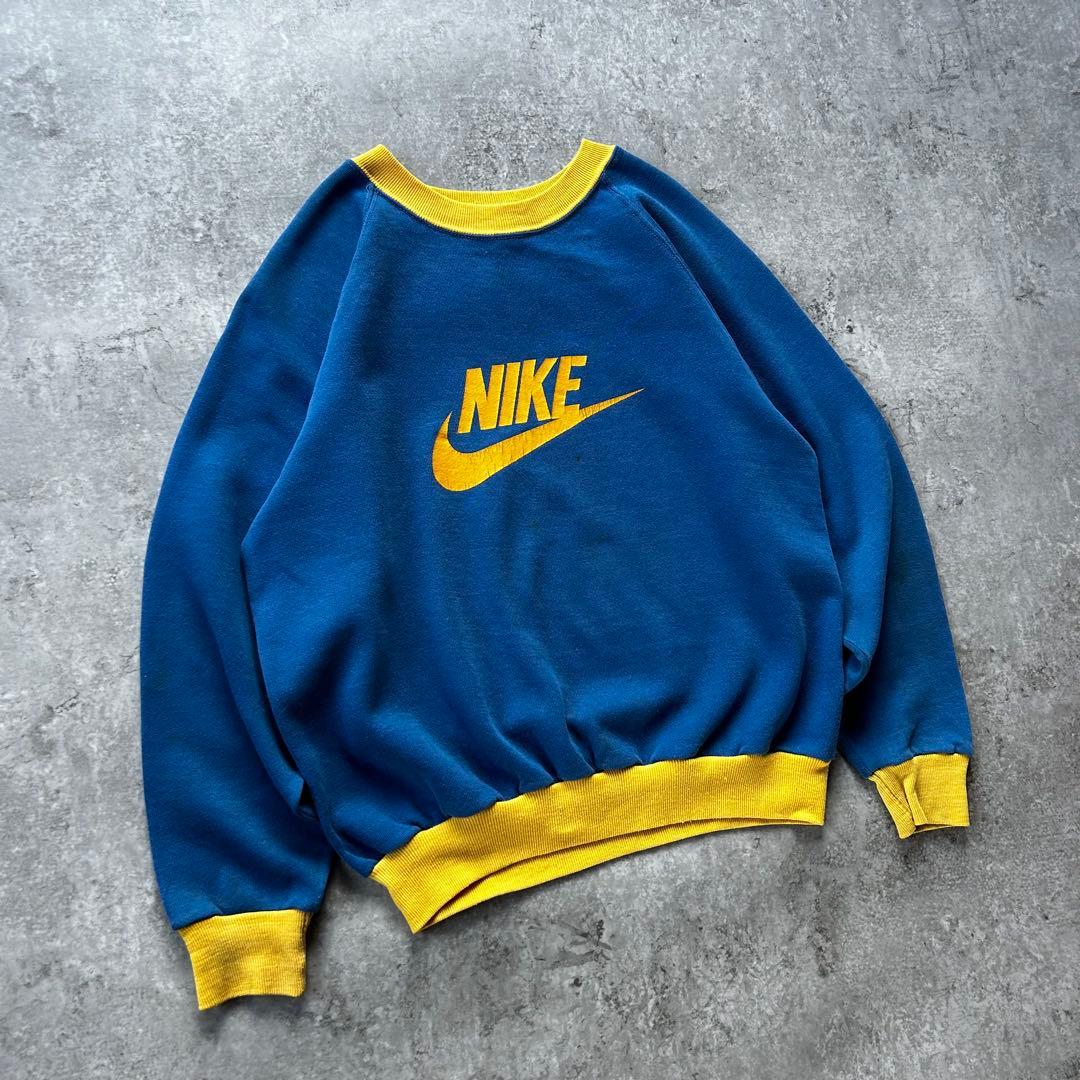 70s NIKE ナイキ ツートンスウェット USA製 XL ブルー×イエロー