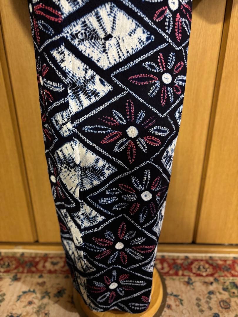 有松鳴海絞り　レトロ　巻き上げ絞り 藍染　花菱　ゆったりサイズ 半幅帯プレゼント