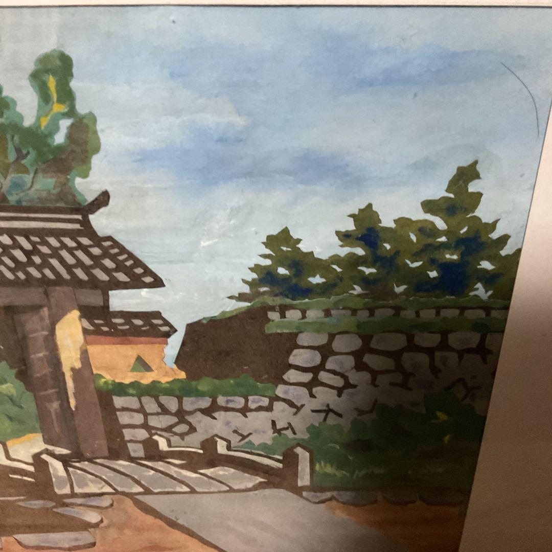 大貝彌太郎画伯の作品を下絵の作品 作者不明 五中校門図 水彩画 額装