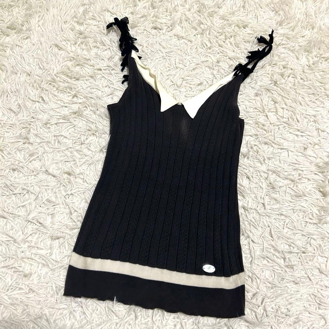 CHANEL シェルロゴプレート リボン 襟付き リブニットキャミソール シルク
