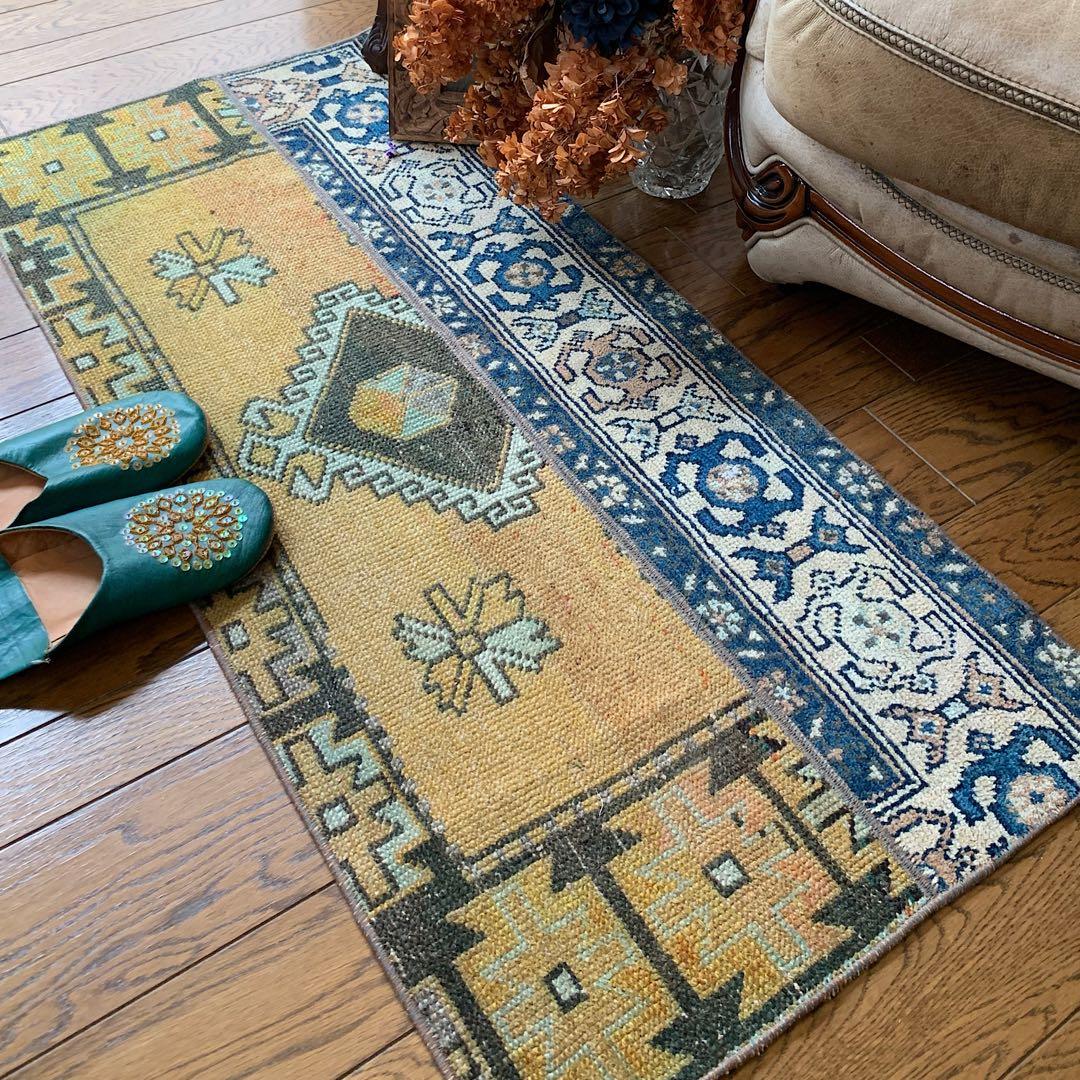 トルコヴィンテージラグ　マスタードイエロー115cm×52cm トルコラグ