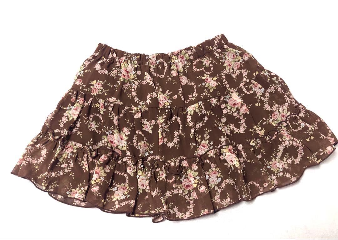LIZLISAピンク花柄フレアスカート ブラウン　フリル薔薇