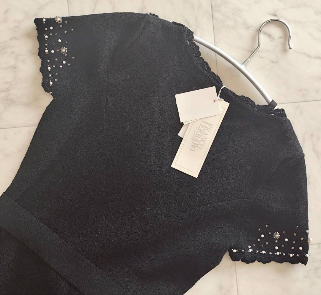 新品 フランコフェラーロ 豪華 フラワー パール 装飾 ニット ワンピース 黒