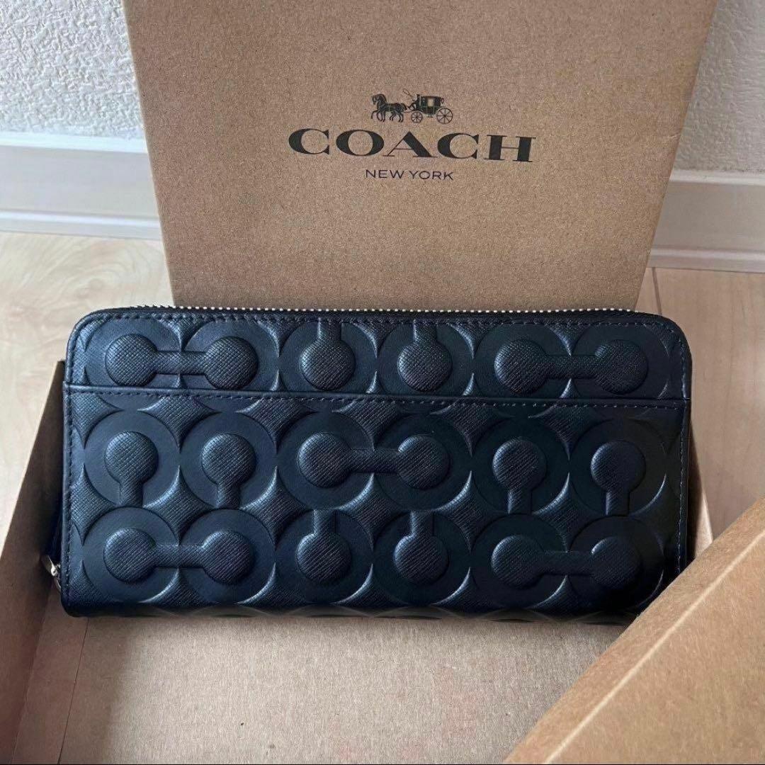 【人気】COACH コーチ 財布 ブラック エンボス加工 オプアート