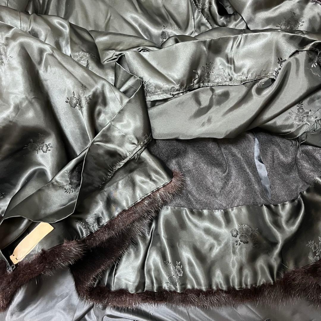 美品★ミンクファーヘリンボーンデザインロングコートマキシ丈 13号