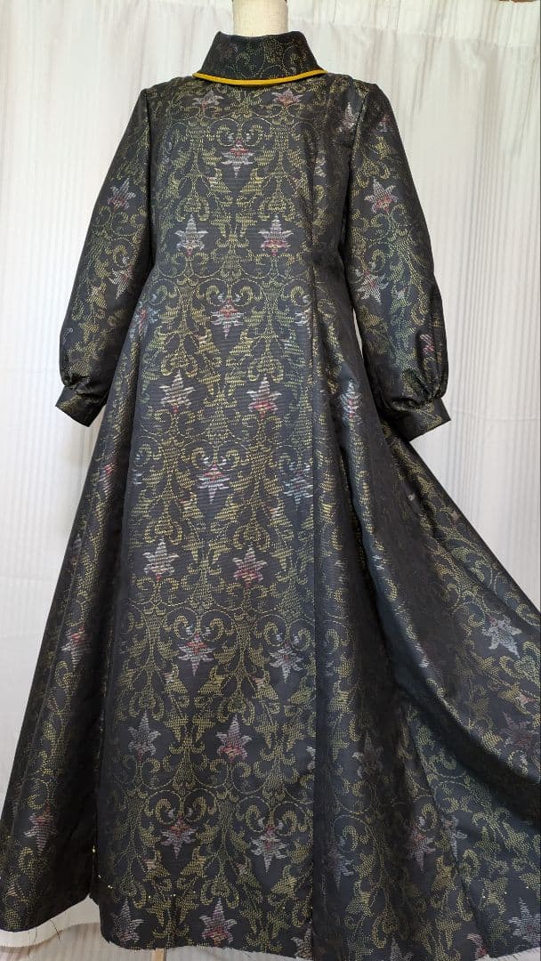 No239大島紬着物リメイク ロールカラー　たっぷりフレアーワンピース