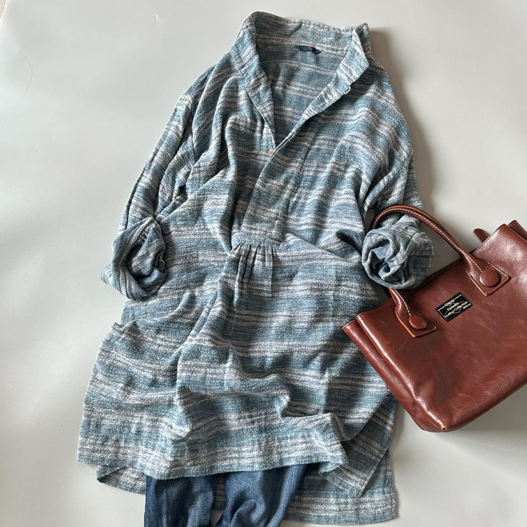 45R 長袖チュニック ブルー　トップス　ワンピース　コットン