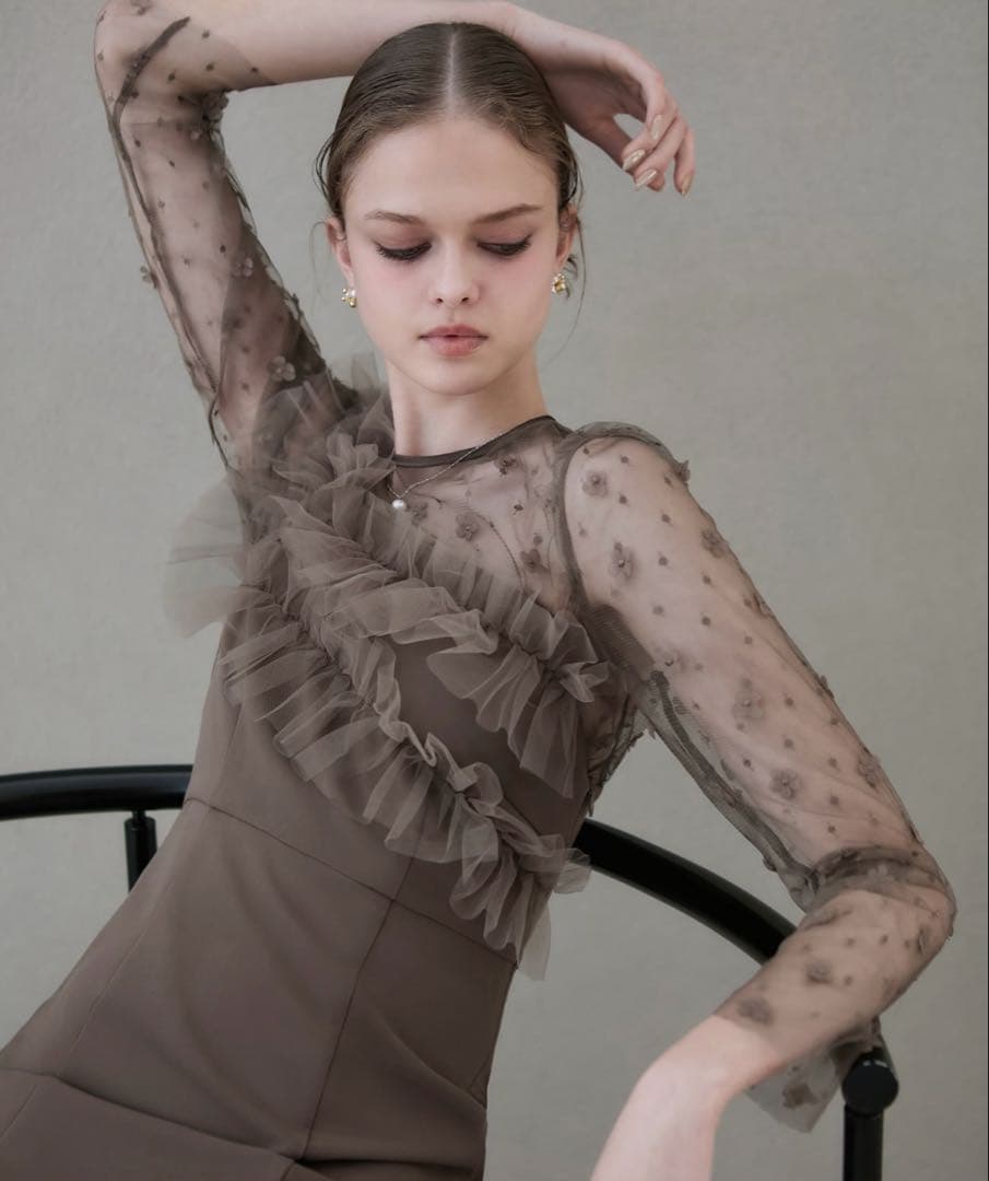 Leja フラワーモチーフアシンメトリーチュールマーメイドワンピースドレス