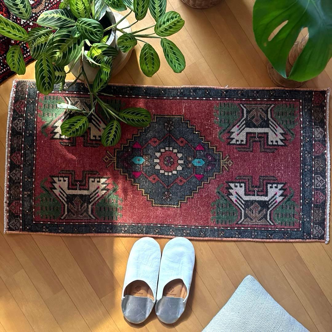 48×102 深みある赤茶色×グレイ　メダリオン　トルコヴィンテージラグ