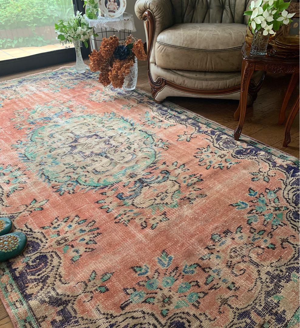 超大判　コーラルピンク244×132 インディゴブルー　トルコヴィンテージラグ