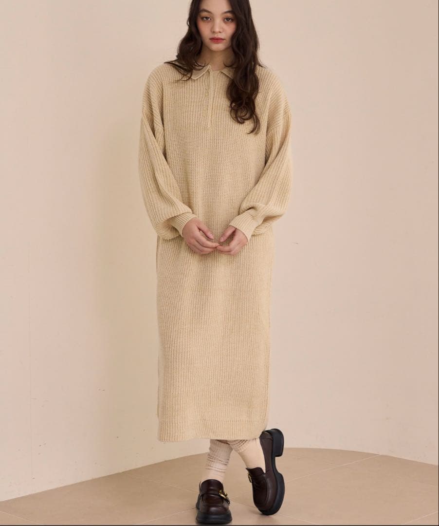 OLUN ニットポロワンピース アイボリー Mサイズ