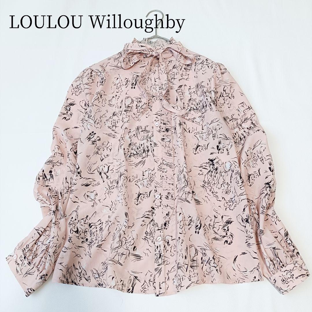 【ルルウィルビー】長袖ブラウス　ボウタイ　プリーツ　総柄　近年モデル　春色　M