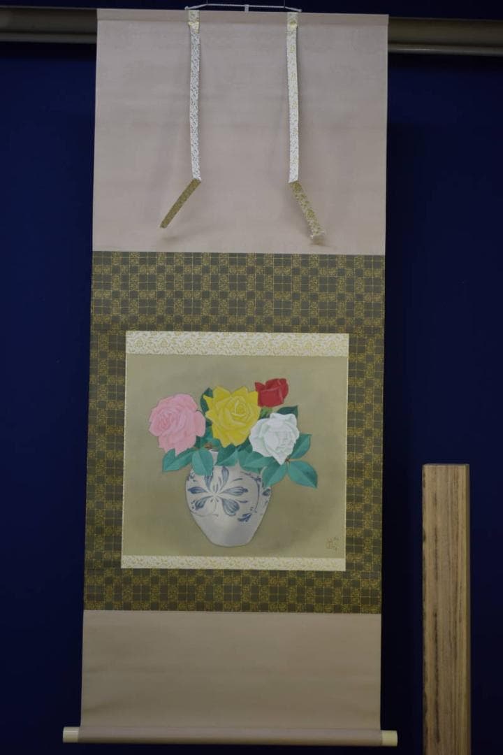 真作/山口華坪/薔薇花瓶図/バラ/布袋屋掛軸HH-884