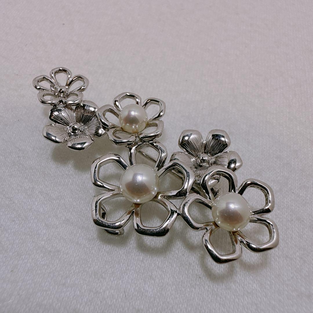 TASAKI タサキ シルバー 3粒 あこや真珠 パール フラワー ブローチ