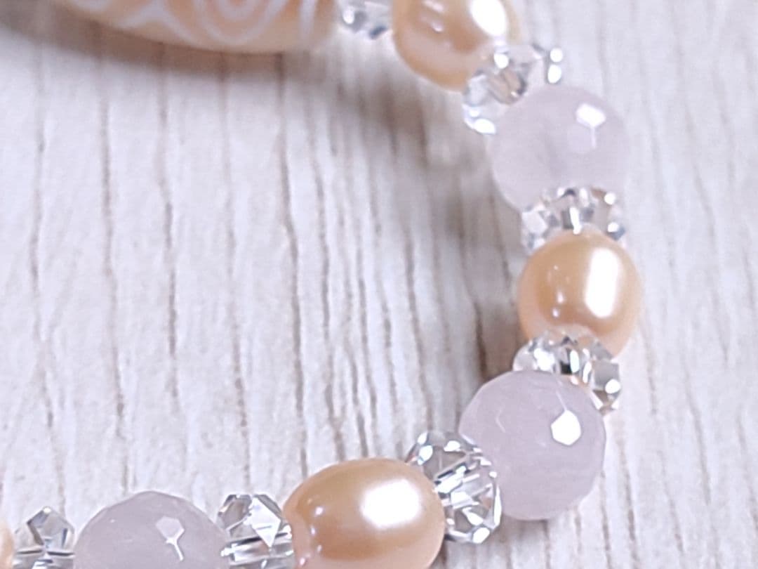 ◇龍眼天珠とマダガスカル産ローズクォーツ・オレンジパールのパワーストーン ブレス