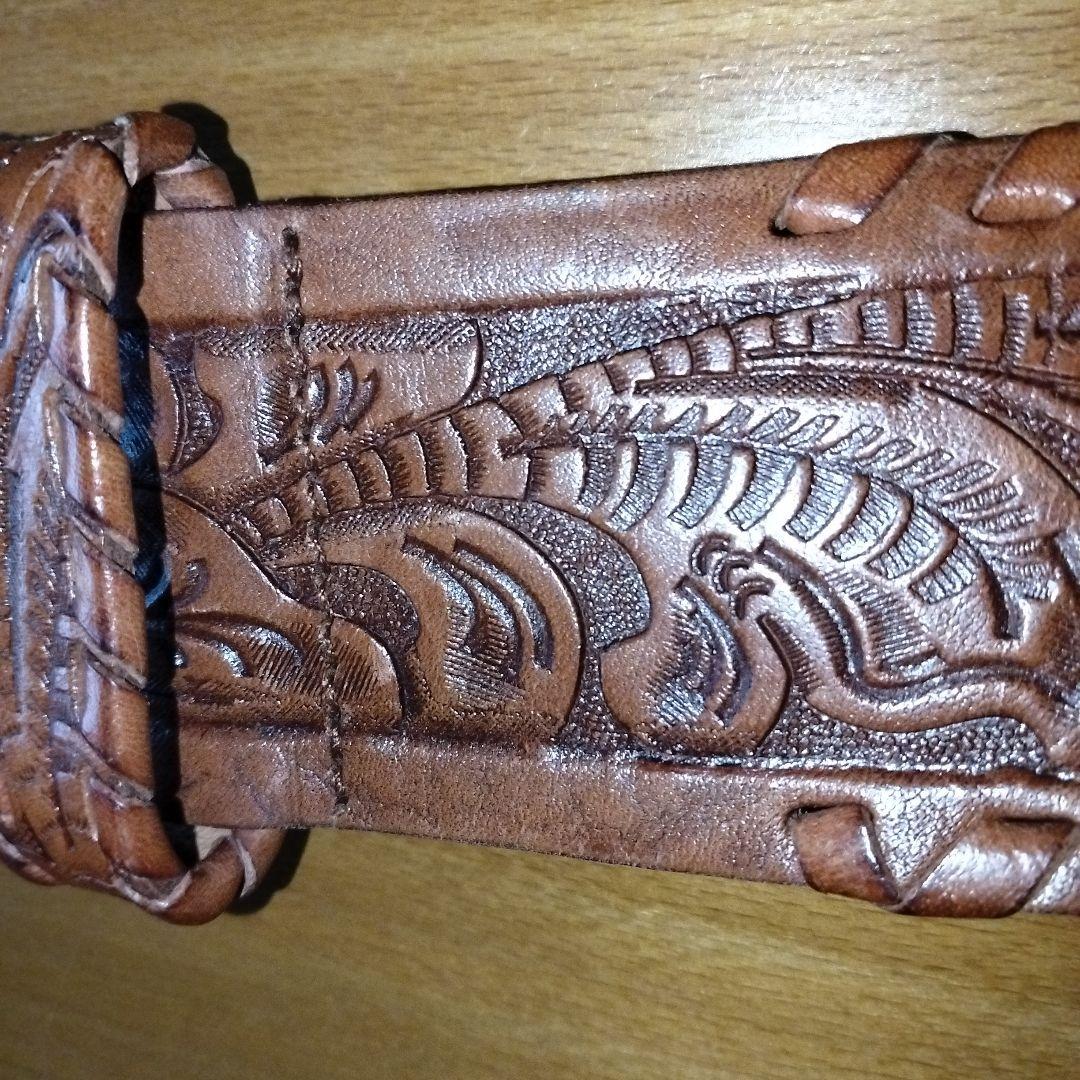 ラルフローレン　ベルト　S　ブラウン　本革　型押し　総柄　幅広　バックル金色