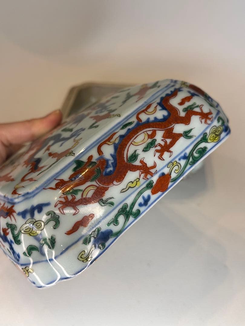 本mercy！中国 明代 大明嘉靖年製 五彩 龍文 蓋盒 四面龍文 骨董品