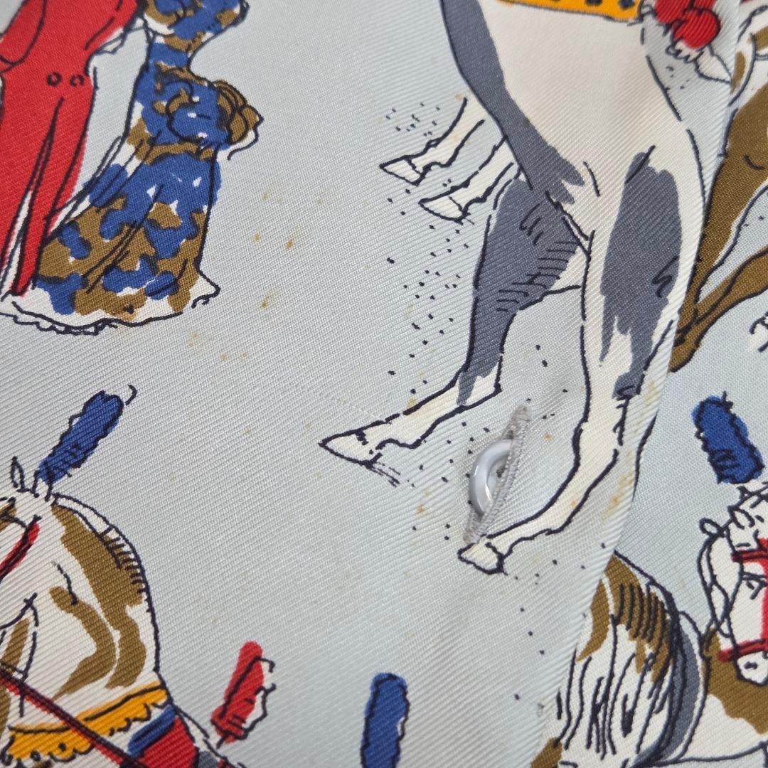 HERMES エルメス シルクシャツ 38 馬柄 サーカス 動物 ブルー系 長袖