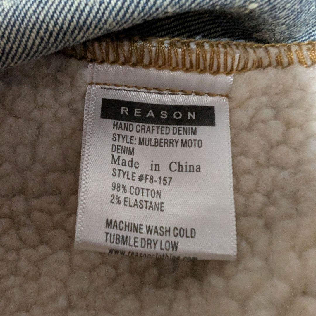 REASON 刺繍　デニムジャケット ボア襟　Lサイズ　ダメージ加工Gジャン