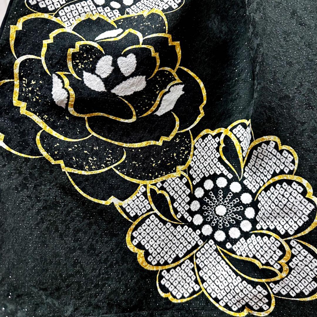 振袖　着物リメイク　ドレス　黒×ラメに薔薇や桜　和柄　ワンピース　ハンドメイド