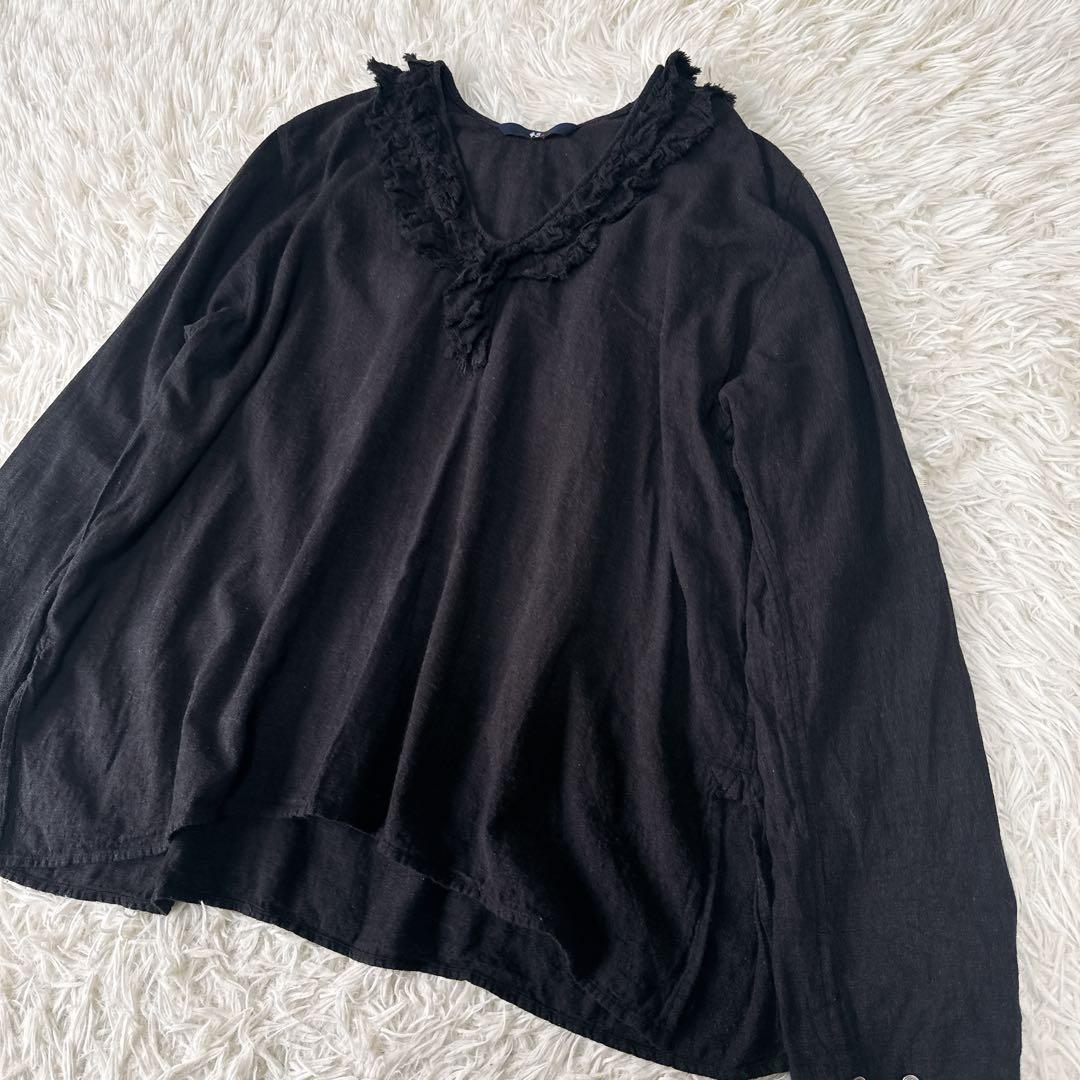 45R コットン100% フリルブラウス ブラック やわらか素材 ナチュラル風合