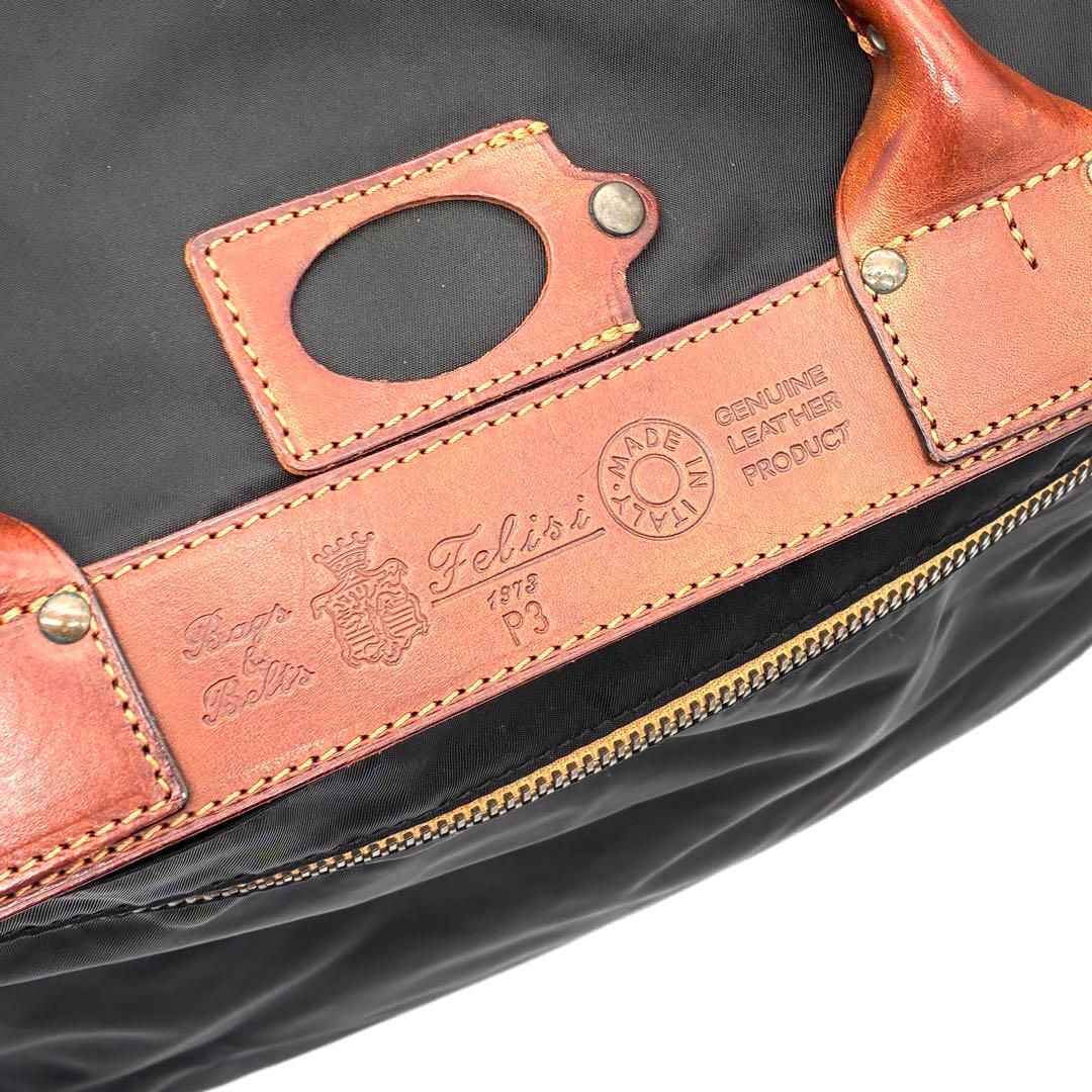 美品 フェリージ ボストンバッグ 南京錠 鍵付 P3 ロゴ 大容量 メンズ 黒