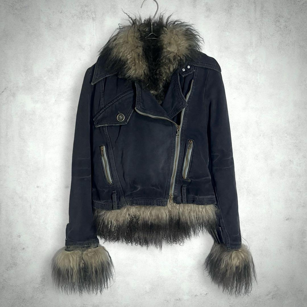 y2k 平成ギャル ラムファー フェアリーグランジ デニムライダースジャケット