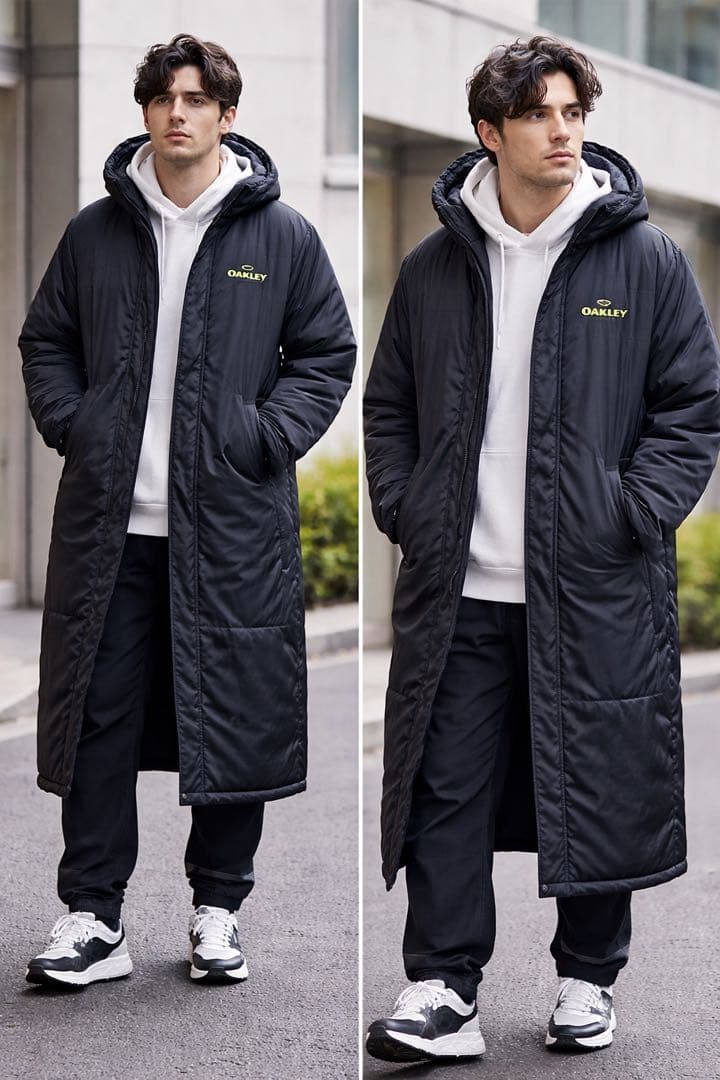 美品OAKLEY オークリー ベンチコート XL ロングコート フード付 ロゴ