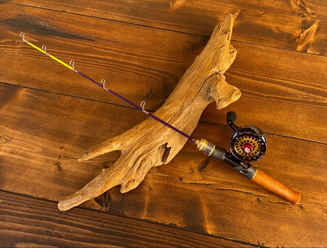 穴釣りセット　アイスフィッシング　穴釣りロッド　天然木グリップ　　タイコリール