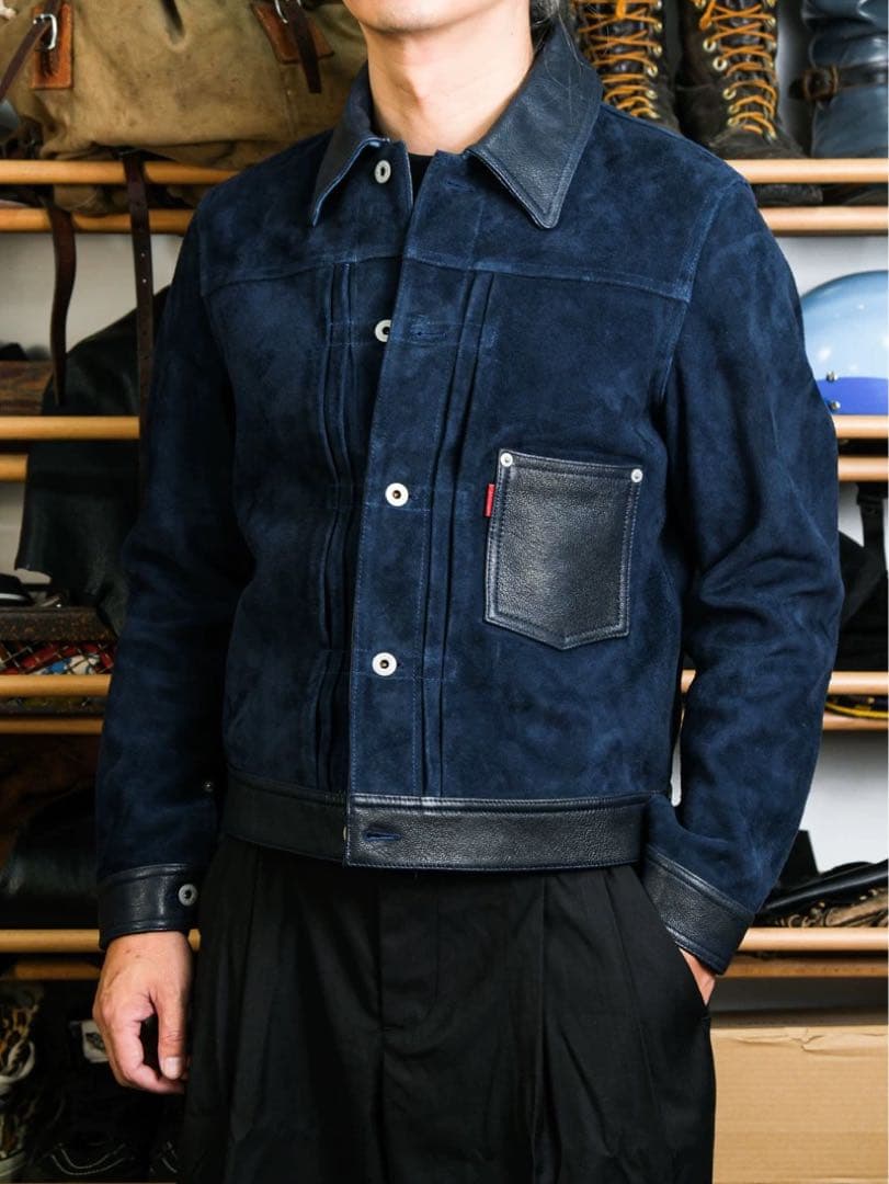 インディゴブルー 1.4mm厚 ゴートレザー 頭層スエード Type3 M