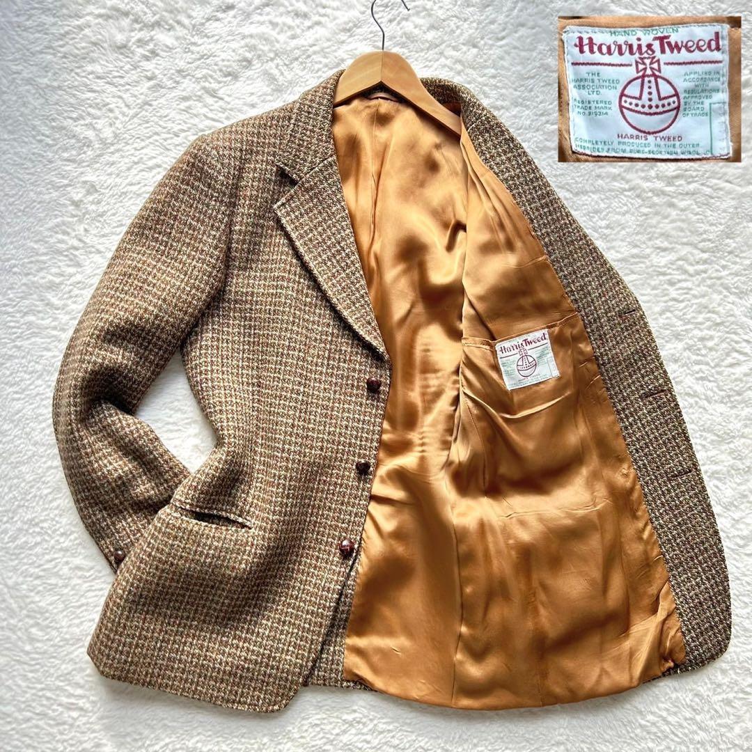 美品 ハリスツイード ヘリンボーン テーラードジャケット 胡桃ボタン ブラウン