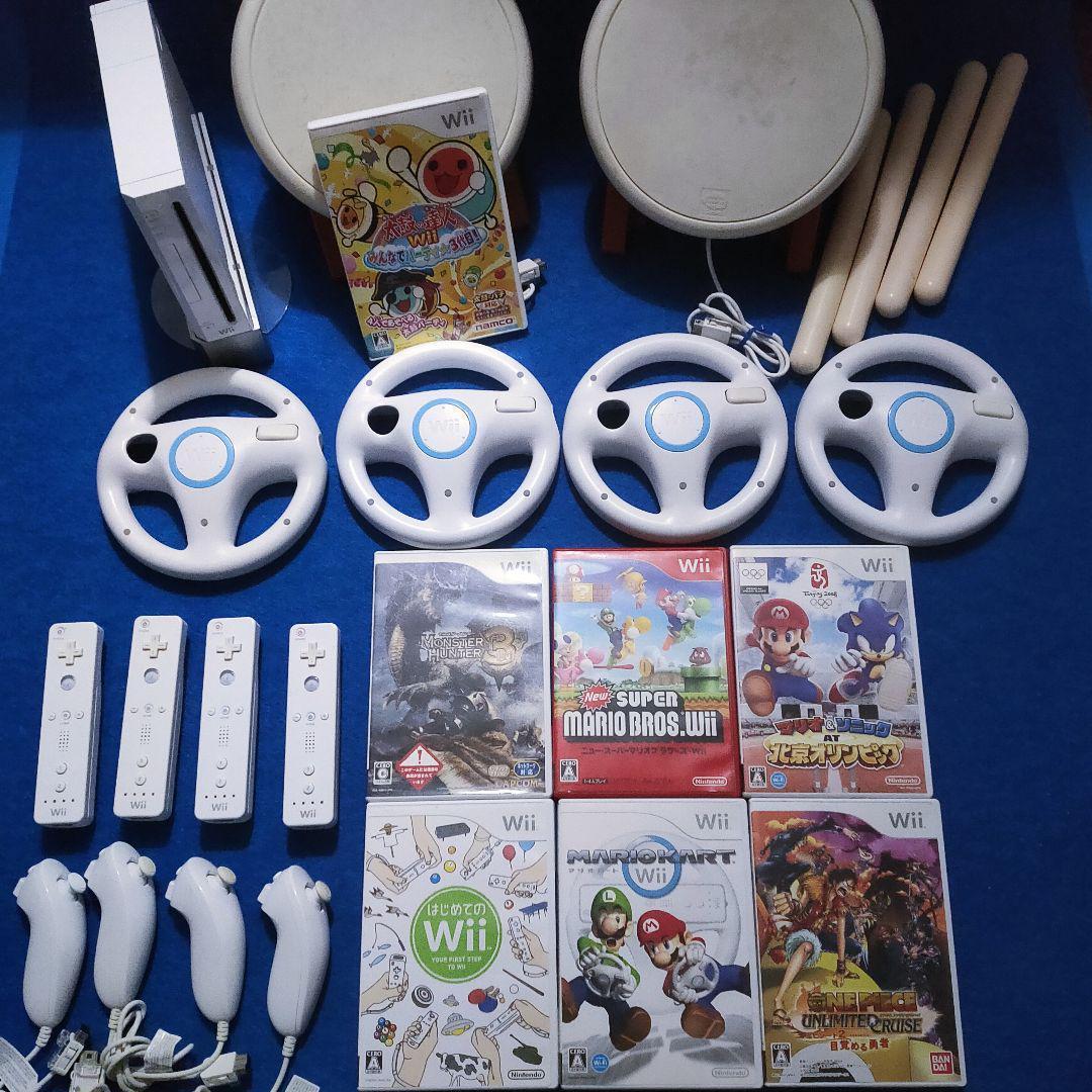 任天堂Wii 本体付 マリオカート ハンドル4 太鼓の達人スーパーセット！