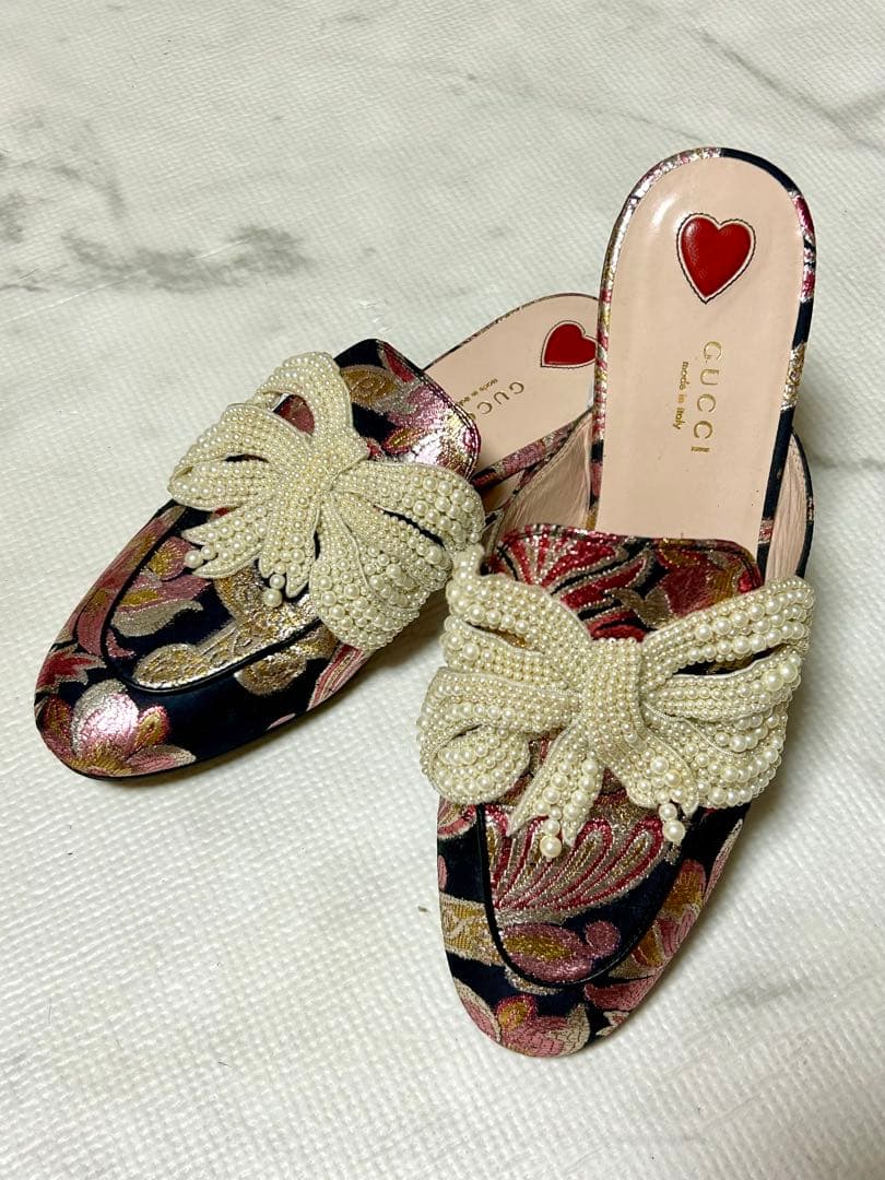 GUCCI プリンスタウン パール リボン ミュール サンダル グッチ 38
