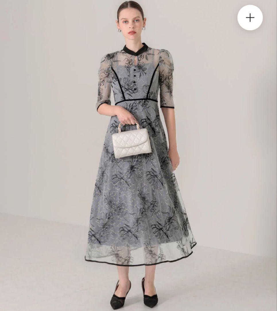 美品✨️lejaパイピングプチハイネック花柄刺繍ラメレースロングドレスワンピース