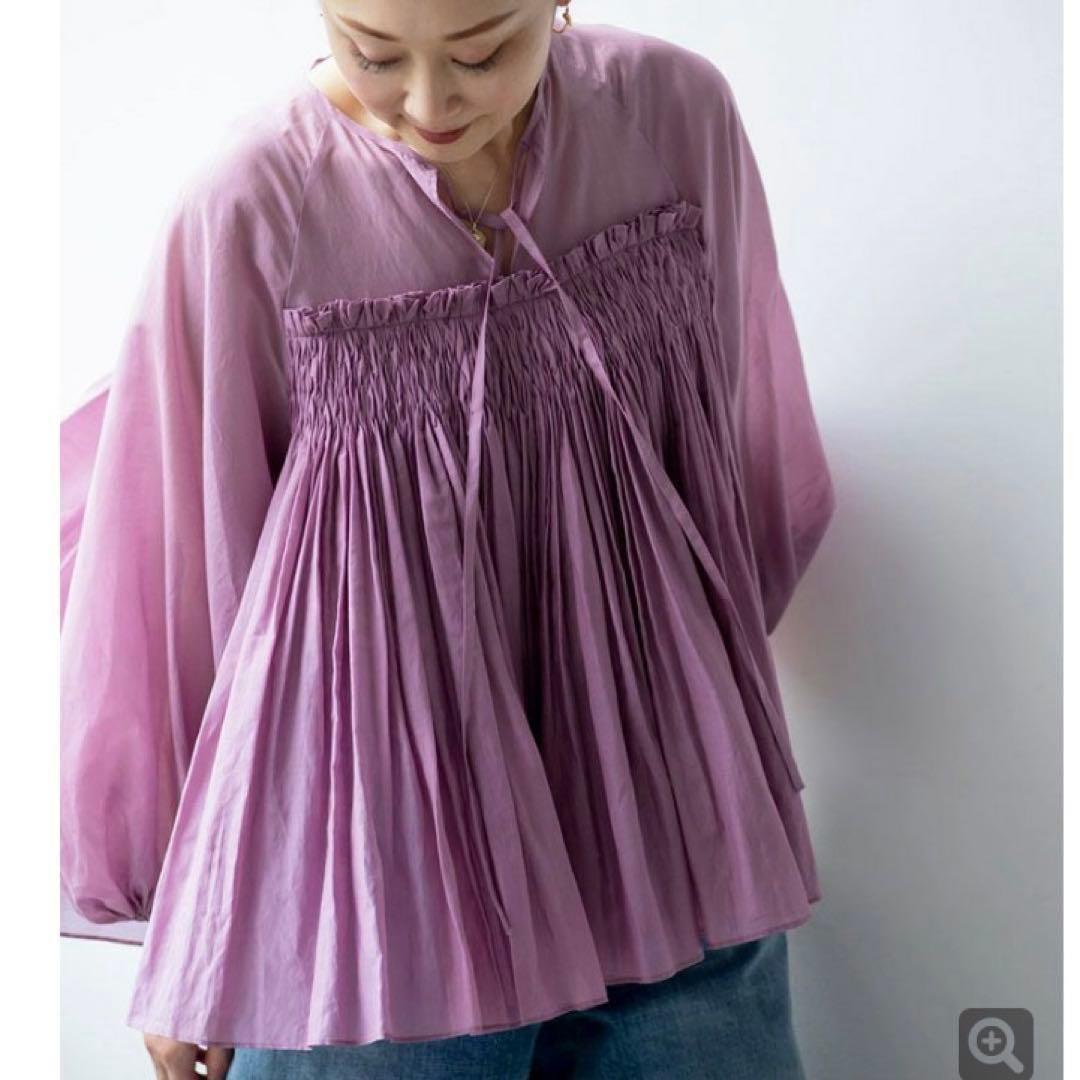 【新品】ハグオーワー　コットンシルクスモッキングリボンブラウス　ピンクラベンダー