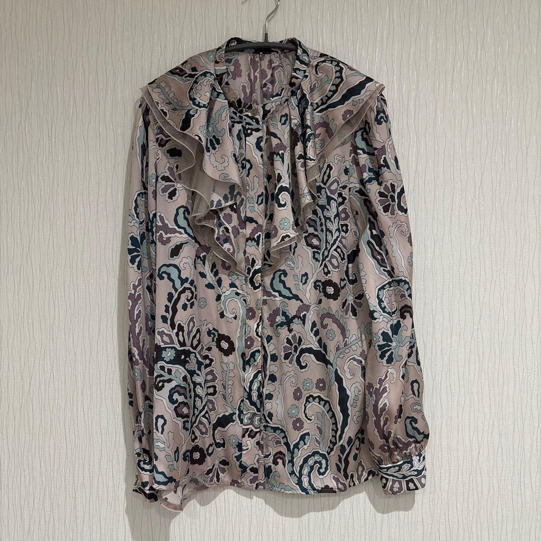 美品ANAYIアナイモダンペイズリーフリルブラウス38Mサイズピンク