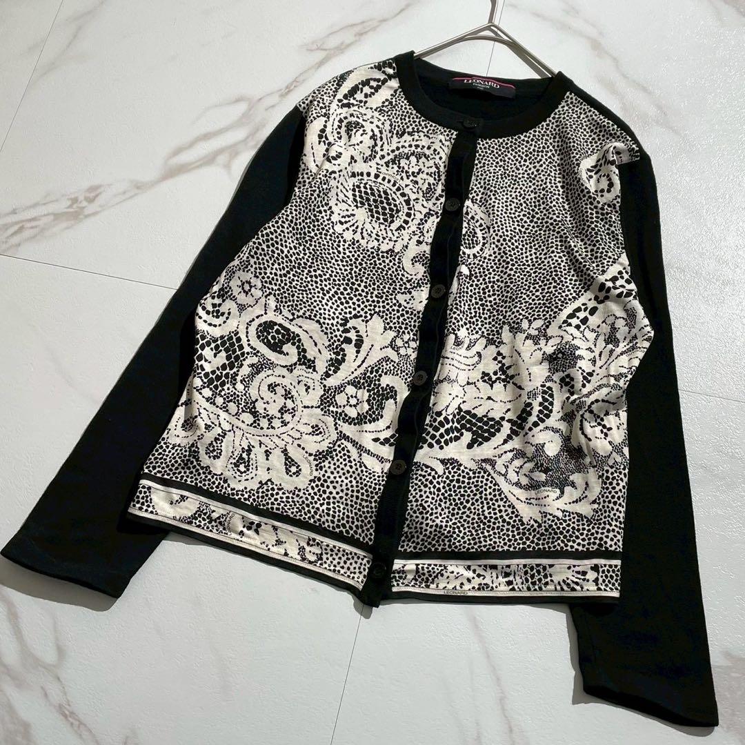 極美品✨LEONARD レオナール カーディガン レース柄 シルク混 M 黒