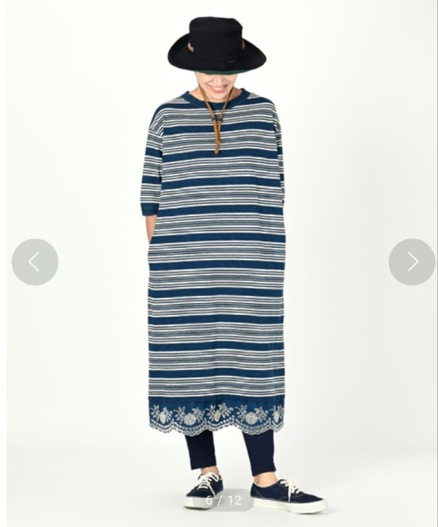 45R 縞天竺のカットワークドレス(インディゴ）