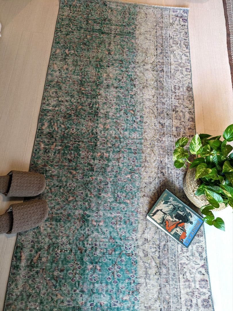81×169 エメラルドブルー　トルコヴィンテージラグ