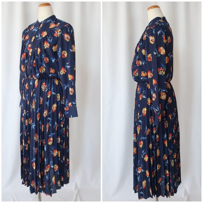 【タグ付き】アンタイトル プリーツワンピース ロング丈 長袖 花柄 ネイビー 2